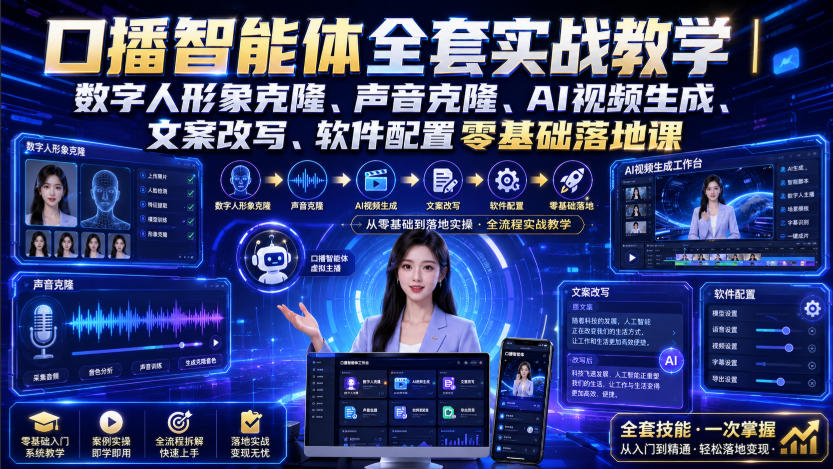 口播智能体全套实战教学｜数字人形象克隆、声音克隆、AI视频生成、文案改写、软件配置零基础落地课-小艾项目网