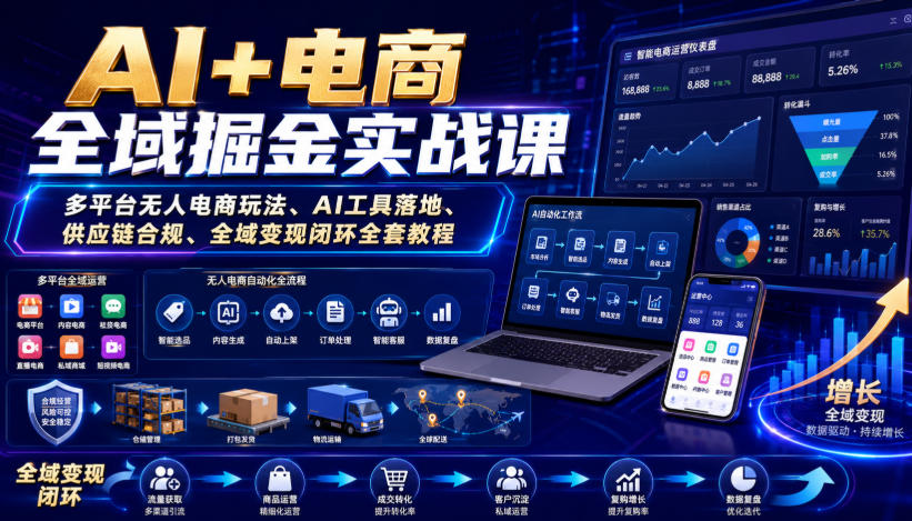 AI+电商全域掘金实战课｜多平台无人电商玩法、AI工具落地、供应链合规、全域变现闭环全套教程-小艾项目网