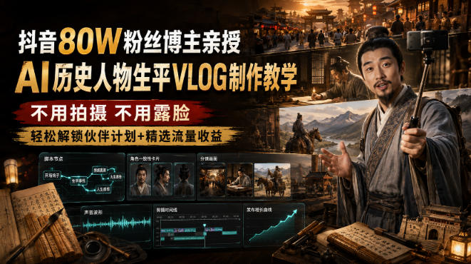 抖音80W粉丝博主的AI历史人物生平VLOG教学,不用拍摄不用露脸,AI帮你搞定,轻松解锁伙伴计划+精选收益-小艾项目网