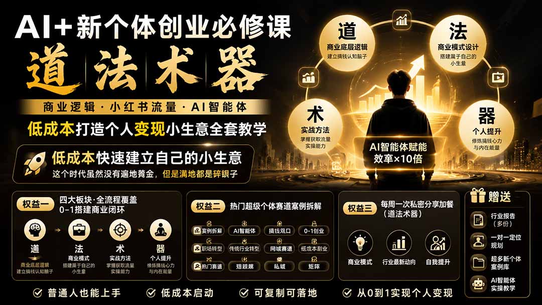 AI+新个体创业必修课|道法术器|商业逻辑·小红书流量·AI智能体|低成本打造个人变现小生意全套教学-小艾项目网