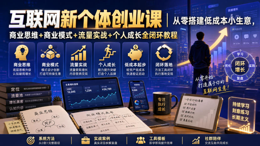 互联网新个体创业课｜从零搭建低成本小生意，商业思维+商业模式+流量实战+个人成长全闭环教程-小艾项目网