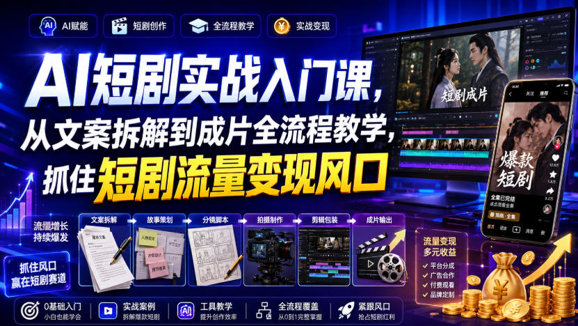 AI短剧实战入门课，从文案拆解到成片全流程教学，抓住短剧流量变现风口-小艾项目网