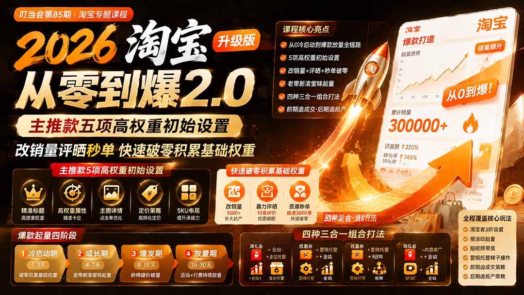 2026淘宝从零到爆2.0第85期；主推款五项高权重初始设置，改销量评晒秒单快速破零积累基础权重-小艾项目网