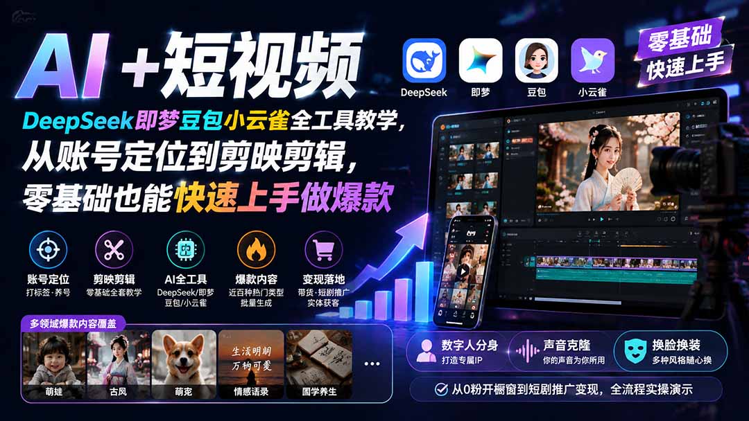 AI+短视频｜DeepSeek即梦豆包小云雀全工具教学，从账号定位到剪映剪辑，零基础也能快速上手做爆款-小艾项目网