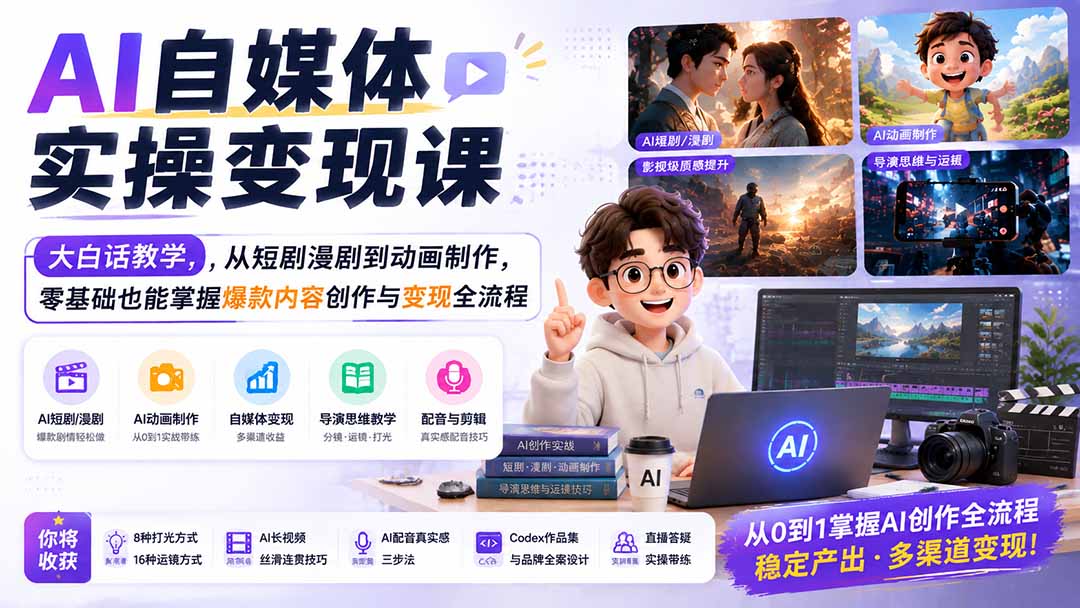 AI自媒体实操变现课｜大白话教学，从短剧漫剧到动画制作，零基础也能掌握爆款内容创作与变现全流程-小艾项目网