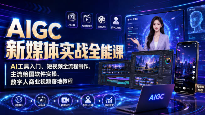 AIGC新媒体实战全能课｜AI工具入门、短视频全流程制作、主流绘图软件实操、数字人商业视频落地教程-小艾项目网