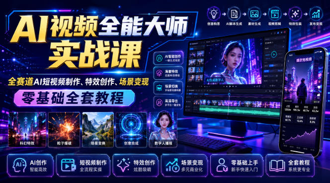 AI视频全能大师实战课|全赛道AI短视频制作、特效创作、场景变现零基础全套教程-小艾项目网