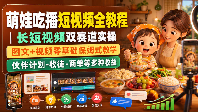 萌娃吃播短视频全教程|长短视频双赛道实操,图文+视频零基础保姆式教学,伙伴计划-收徒-商单等多种变现方式-小艾项目网