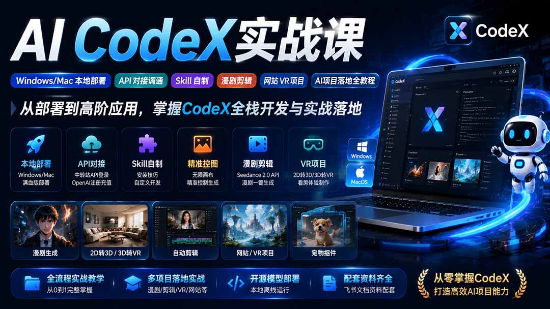 AI CodeX实战课|Windows/Mac 本地部署|API 对接调通|Skill 自制|漫剧剪辑|网站 VR 项目|AI项目落地全教程-小艾项目网