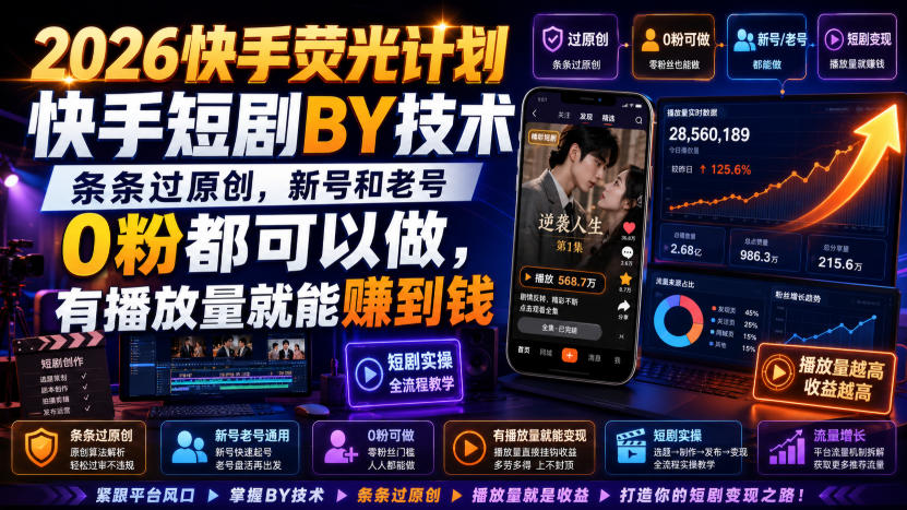 2026快手荧光计划,快手短剧搬运技术,条条过原创,新号和老号0粉都可以做,有播放量就能賺到钱-小艾项目网