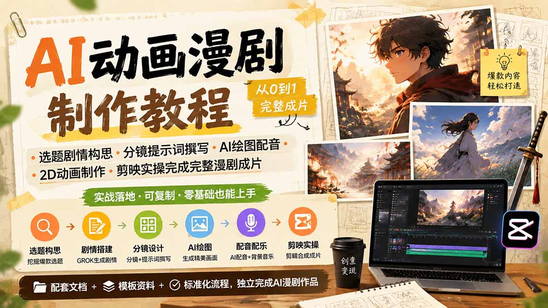 AI动画漫剧制作教程｜选题剧情构思·分镜提示词撰写·AI绘图配音·2D动画制作·剪映实操完成完整漫剧成片-小艾项目网