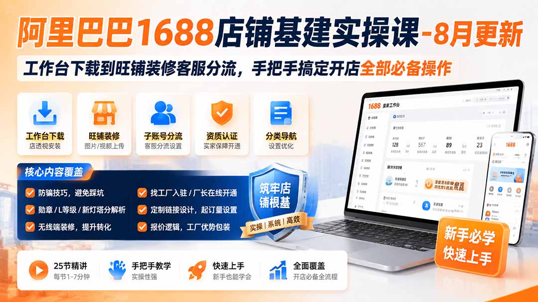 阿里巴巴1688店铺基建实操课-8月更新；工作台下载到旺铺装修客服分流，手把手搞定开店全部必备操作-小艾项目网