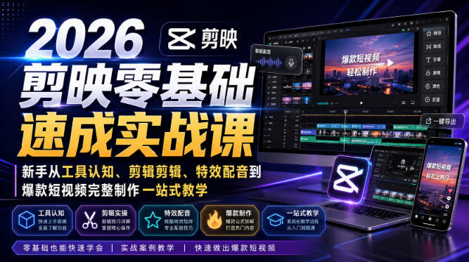 2026剪映零基础速成实战课｜新手从工具认知、剪辑剪辑、特效配音到爆款短视频完整制作一站式教学-小艾项目网