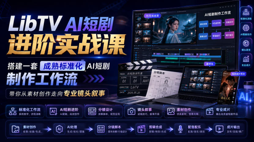 LibTV AI短剧进阶实战课，搭建一套成熟标准化AI短剧制作工作流，带你从素材创作走向专业镜头叙事-小艾项目网