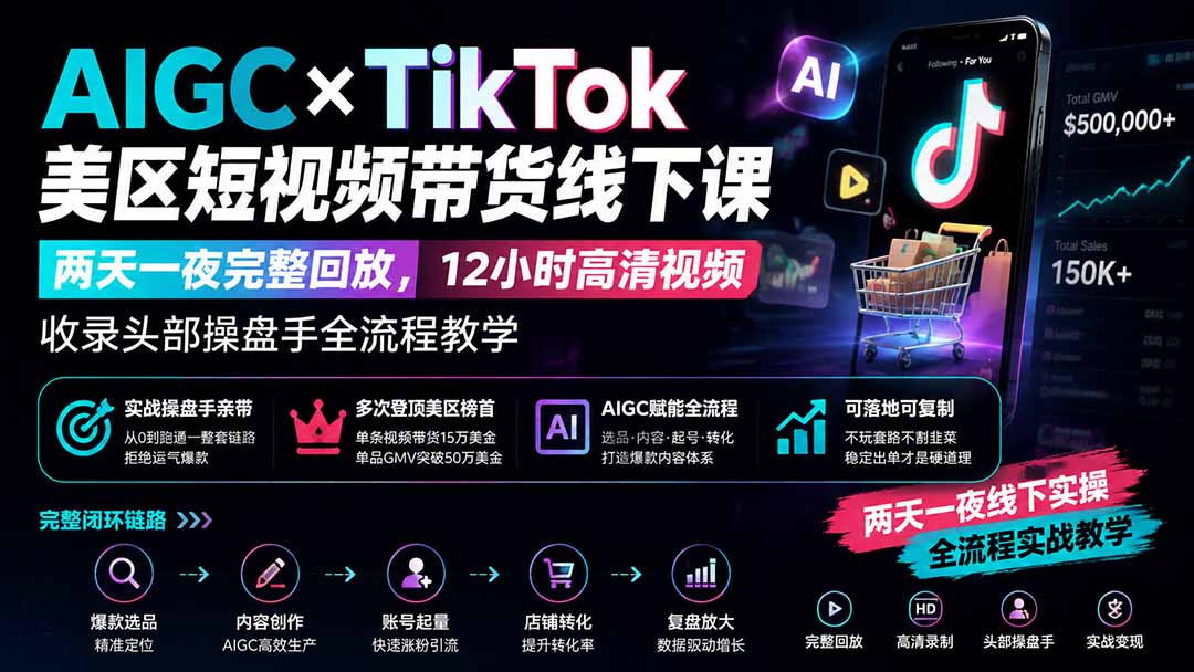 AIGC×TikTok美区短视频带货线下课;两天一夜完整回放,12小时高清视频收录头部操盘手全流程教学-小艾项目网