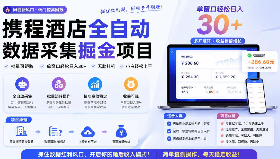 携程酒店采集挂G项目，批量可矩阵，单机轻松日入300+，开启你的睡后收入模式!【揭秘】-小艾项目网