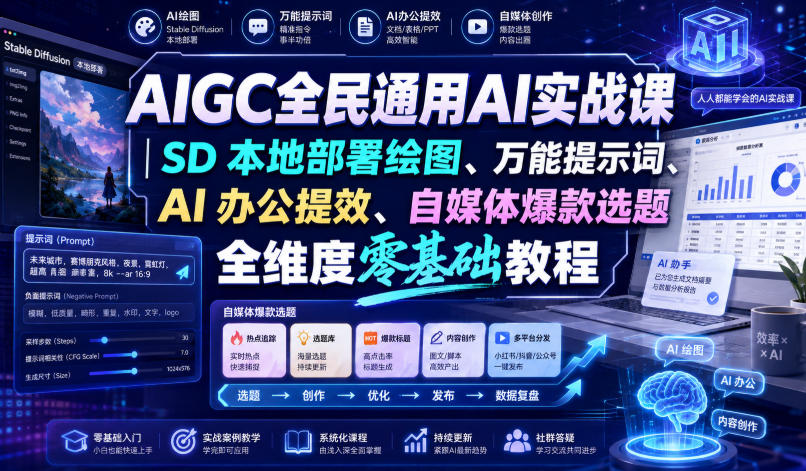 AIGC全民通用AI实战课｜SD本地部署绘图、万能提示词、AI办公提效、自媒体爆款选题全维度零基础教程-小艾项目网