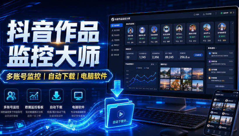 抖音作品监控大师，多账号监控丨自动下载丨电脑软件-小艾项目网