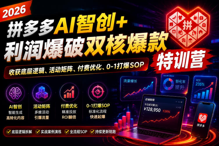 2026拼多多AI智创+利润爆破双核爆款特训营，收获底层逻辑、活动矩阵、付费优化、0-1打爆SOP(更新0810)-小艾项目网