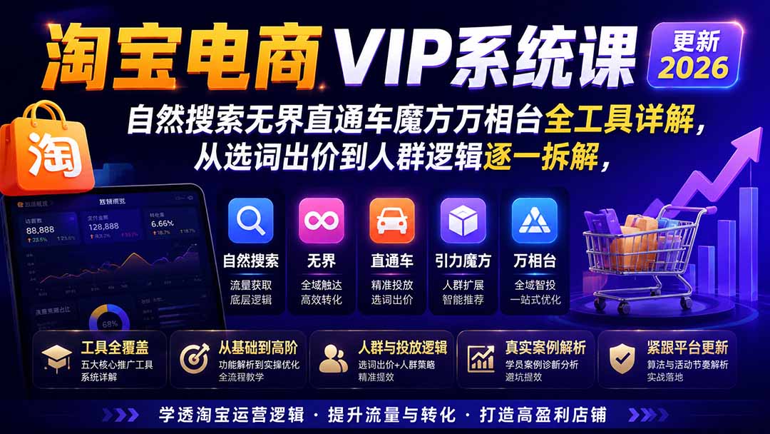 淘宝电商VIP系统课-更新8月；自然搜索无界直通车魔方万相台全工具详解，从选词出价到人群逻辑逐一拆解-小艾项目网