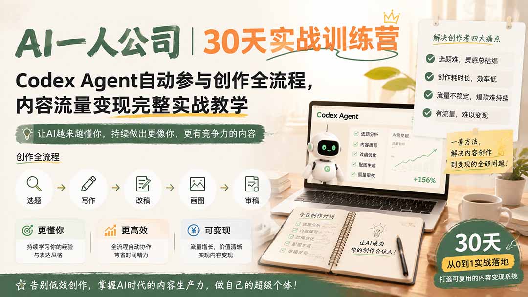 AI一人公司｜30天实战训练营；Codex Agent自动参与创作全流程，内容流量变现完整实战教学-小艾项目网
