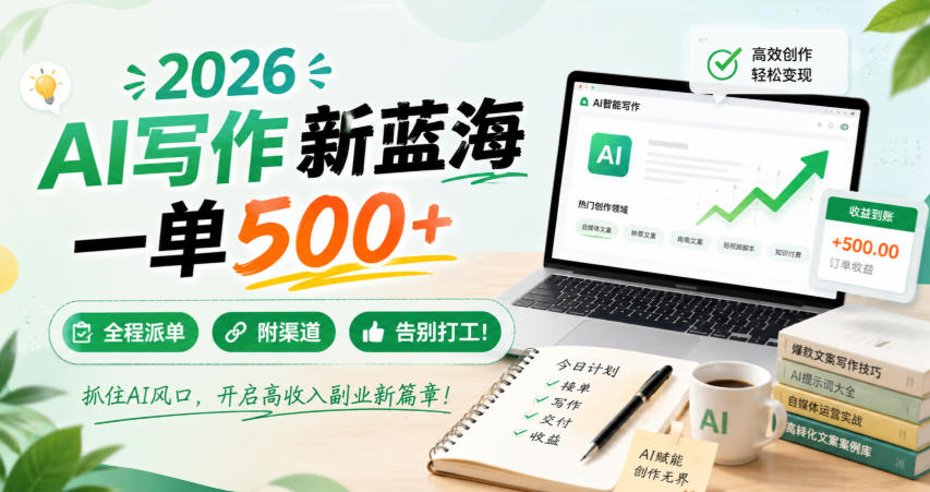 2026 AI写作新蓝海，一单500+，全程派单，附渠道，告别打工！【揭秘】-小艾项目网
