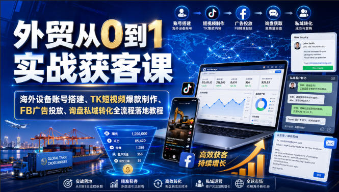 外贸从0到1实战获客课｜海外设备账号搭建、TK短视频爆款制作、FB广告投放、询盘私域转化全流程落地教程-小艾项目网