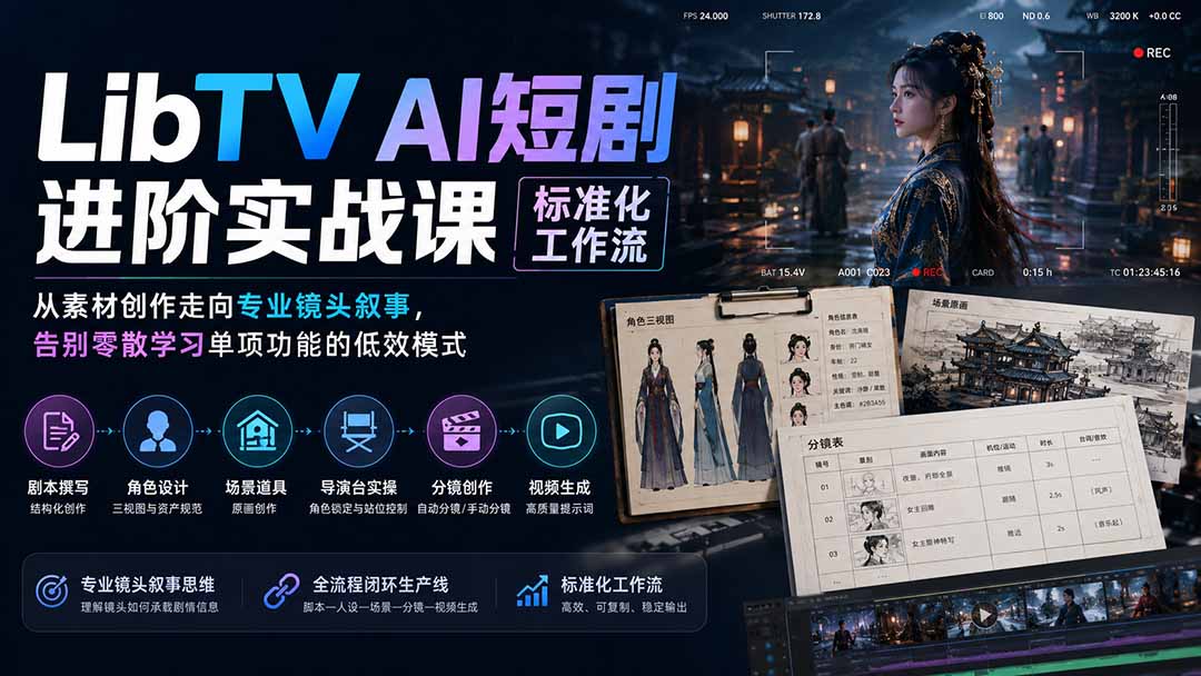 LibTV AI短剧进阶实操课标准化工作流；从素材创作走向专业镜头叙事，告别零散学习单项功能的低效模式-小艾项目网