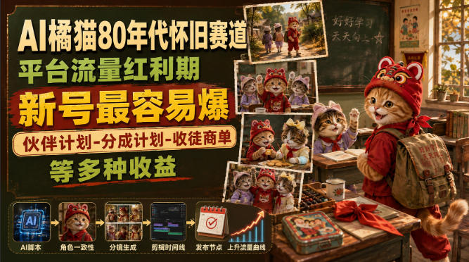AI橘猫80年代怀旧赛道，平台流量红利期，新号最容易爆，伙伴计划-分成计划-收徒商单等多种收益-小艾项目网