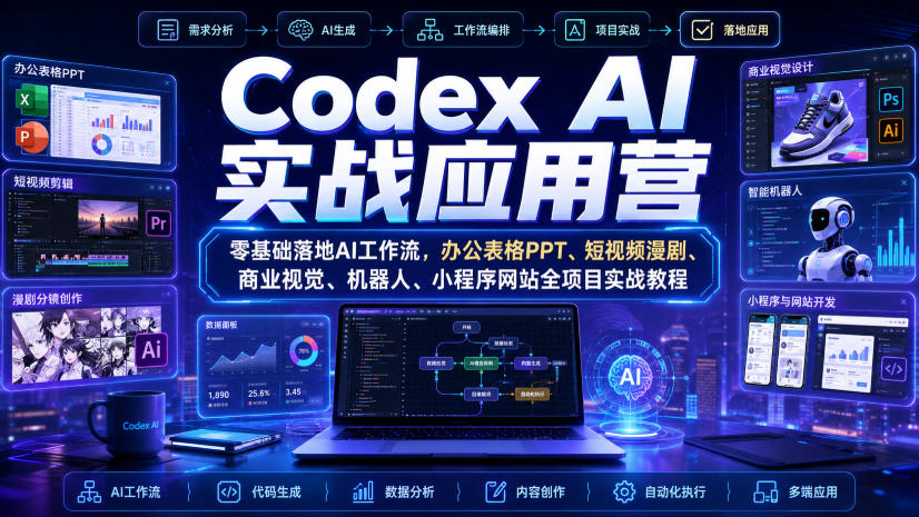 Codex AI实战应用营|零基础落地AI工作流,办公表格PPT、短视频漫剧、商业视觉、机器人、小程序网站全项目实战教程-小艾项目网