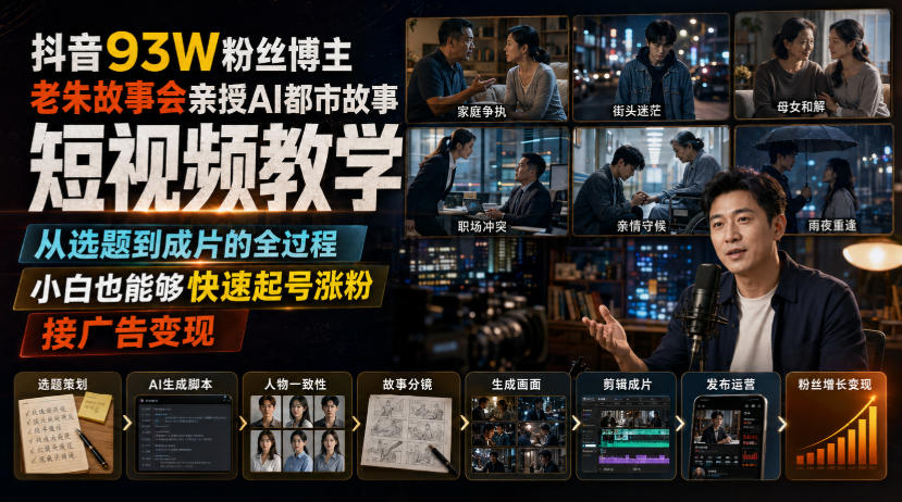 抖音93W粉丝博主老朱故事会亲授AI都市故事短视频教学，从选题到成片的全过程，小白也能够快速起号涨粉接广告变现-小艾项目网