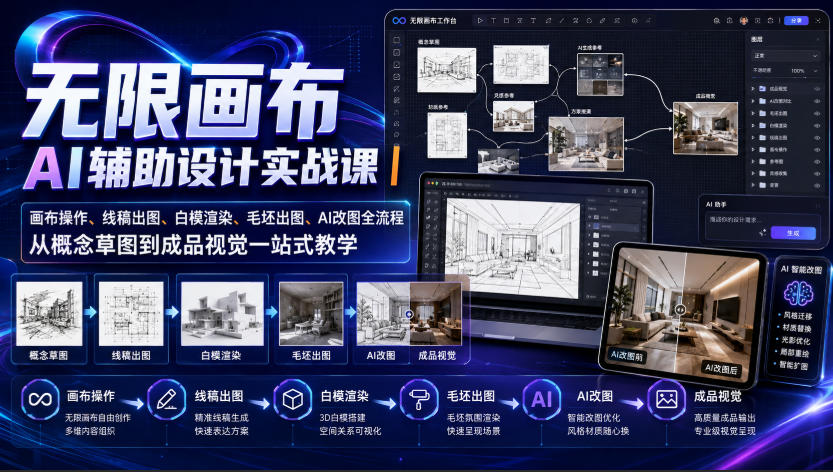 无限画布AI辅助设计实战课｜画布操作、线稿出图、白模渲染、毛坯出图、AI改图全流程，从概念草图到成品视觉一站式教学-小艾项目网