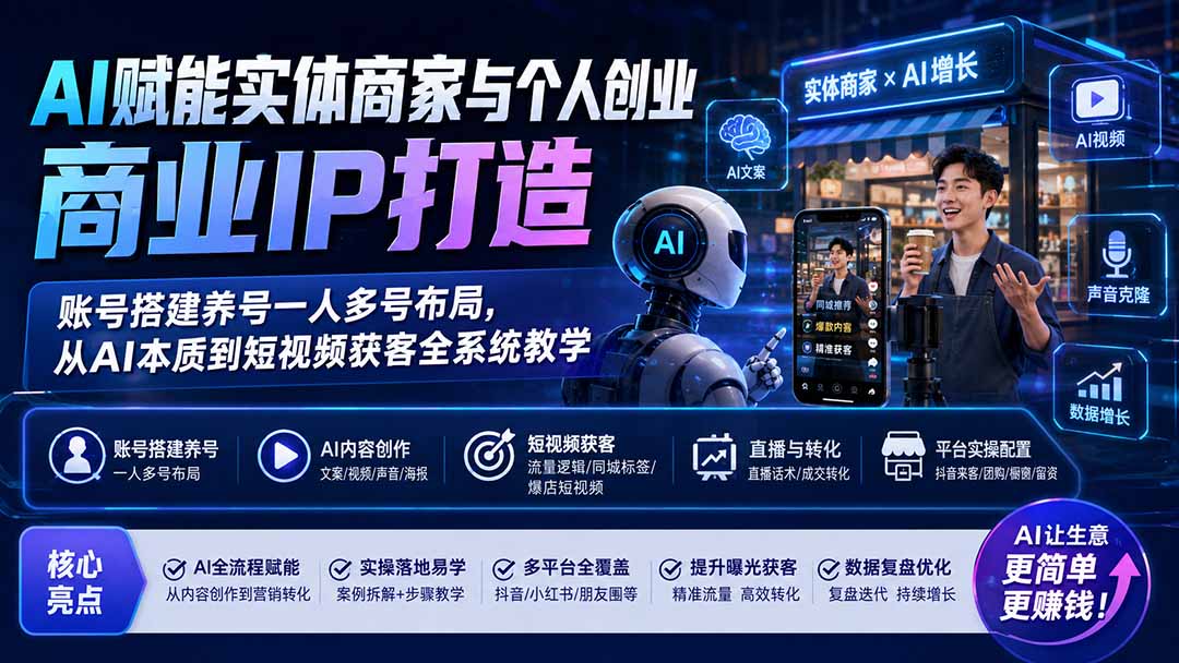 AI赋能实体商家与个人创业商业IP打造；账号搭建养号一人多号布局，从AI本质到短视频获客全系统教学-小艾项目网