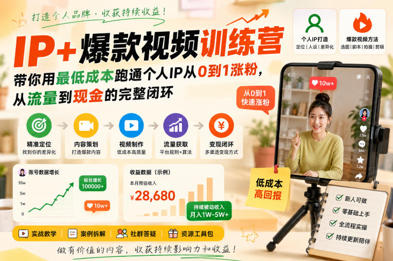 IP+爆款视频训练营，带你用最低成本跑通个人IP从0到1涨粉，从流量到现金的完整闭环-小艾项目网