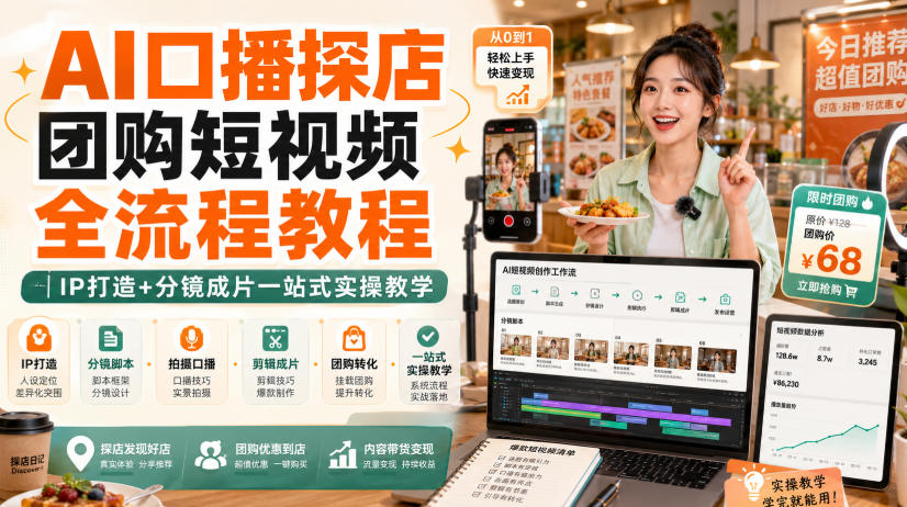 AI口播探店团购短视频全流程教程｜IP打造+分镜成片一站式实操教学-小艾项目网
