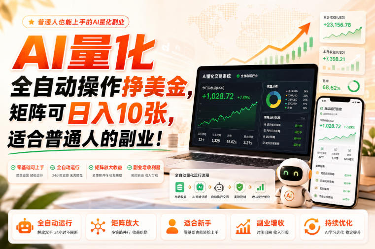 AI量化全自动操作挣美金，矩阵可日入10张，适合普通人的副业！【揭秘】-小艾项目网