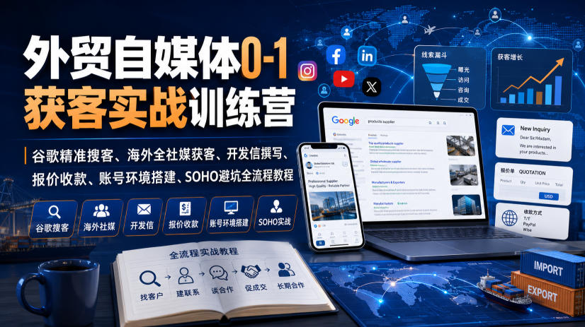 外贸自媒体0-1获客实战训练营｜谷歌精准搜客、海外全社媒获客、开发信撰写、报价收款、账号环境搭建、SOHO避坑全流程教程(更新)-小艾项目网