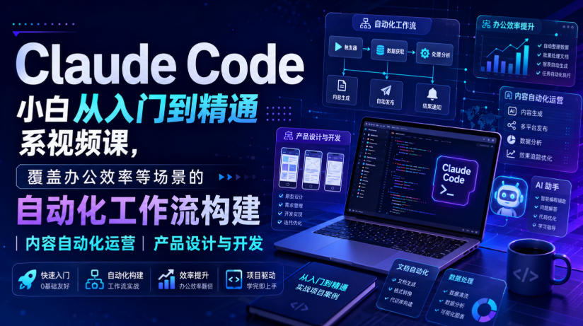Claude Code小白从入门到精通系视频课，覆盖办公效率等场景的自动化工作流构建|内容自动化运营|产品设计与开发-小艾项目网
