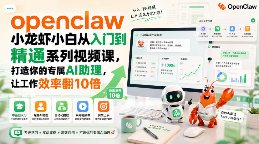 openclaw小龙虾小白从入门到精通系列视频课，打造你的专属AI助理，让工作效率翻10倍-小艾项目网