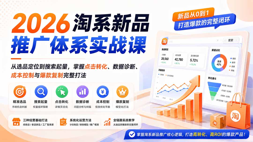 2026淘系新品推广体系实战课：从选品定位到搜索起量，掌握点击转化、数据诊断、成本控制与爆款复制完整打法-小艾项目网