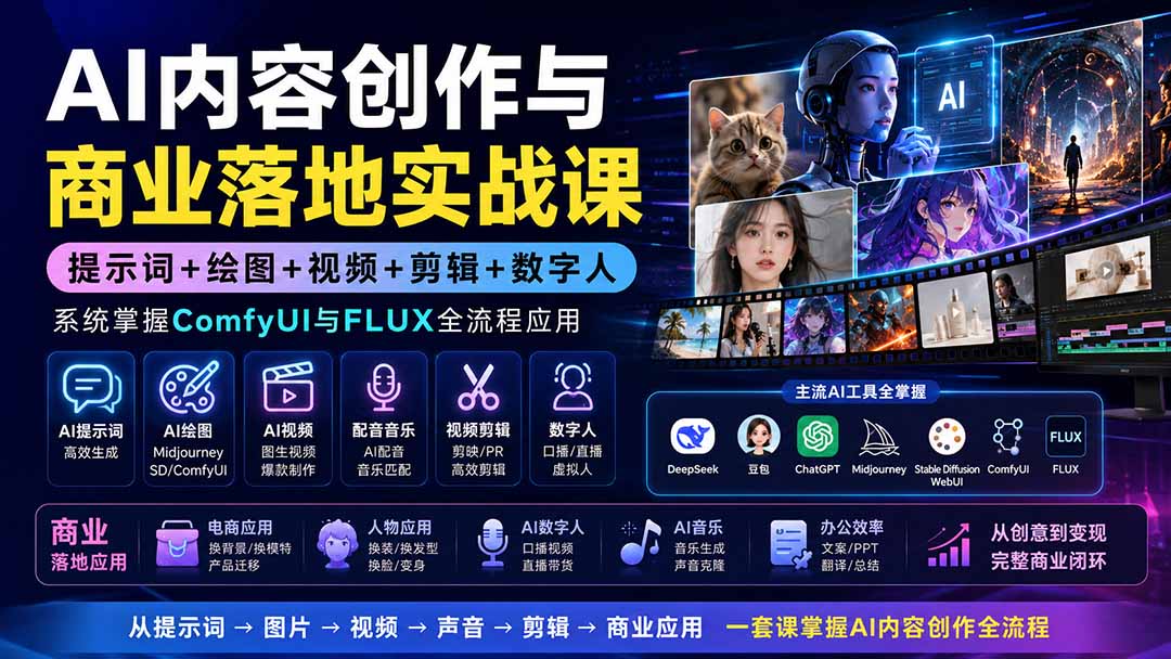 AI内容创作与商业落地实战课：提示词+绘图+视频+剪辑+数字人，系统掌握ComfyUI与FLUX全流程应用-小艾项目网