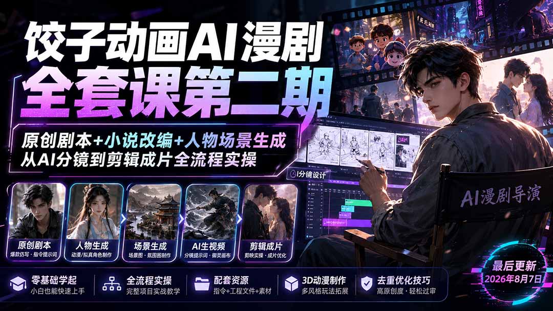 饺子动画AI漫剧全套课第二期：原创剧本+小说改编+人物场景生成，从AI分镜到剪辑成片全流程实操-小艾项目网