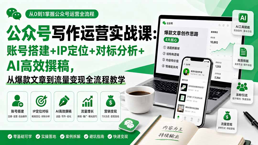 公众号写作运营实战课:账号搭建+IP定位+对标分析+AI高效撰稿,从爆款文章到流量变现全流程教学-小艾项目网