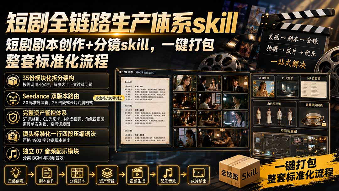 短剧全链路生产体系skill，短剧剧本创作+分镜skill，一键打包，整套标准化流程-小艾项目网