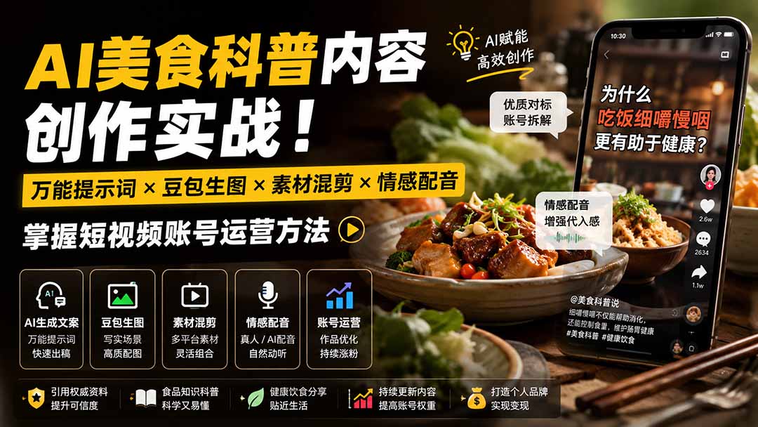 外面卖199元-AI美食科普内容创作实战！万能提示词×豆包生图×素材混剪×情感配音，掌握短视频账号运营方法-小艾项目网