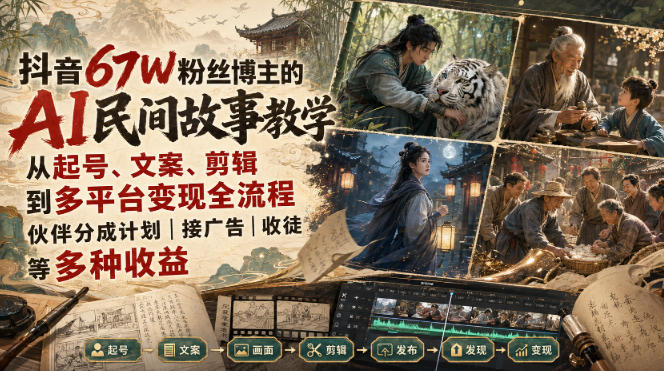 抖音67W粉丝博主的AI民间故事教学，从起号、文案、剪辑到多平台变现全流程，伙伴分成计划接广告等多种收益，月入1W+-小艾项目网