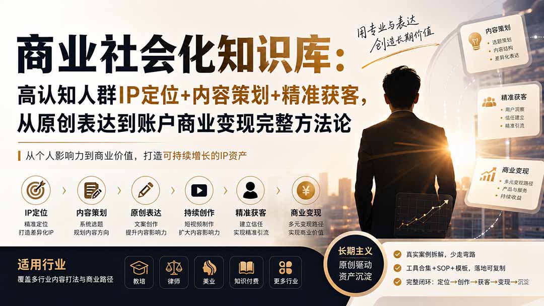 商业社会化知识库:高认知人群IP定位+内容策划+精准获客,从原创表达到账户商业变现完整方法论-小艾项目网