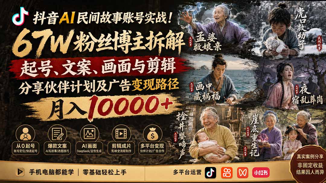 抖音AI民间故事账号实战!67W粉丝博主拆解起号、文案、画面与剪辑,分享伙伴计划及广告变现路径,月入10000+-小艾项目网