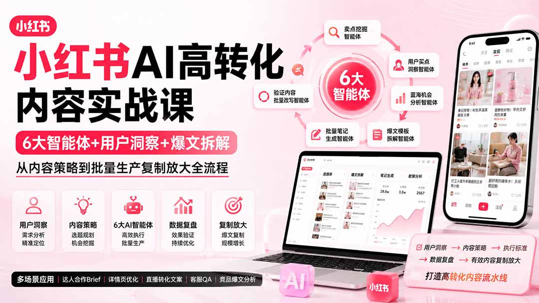 小红书AI高转化内容实战课：6大智能体+用户洞察+爆文拆解，从内容策略到批量生产复制放大全流程-小艾项目网
