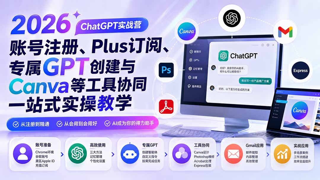 2026 ChatGPT实战营；账号注册、Plus订阅、专属GPT创建与Canva等工具协同一站式实操教学-小艾项目网